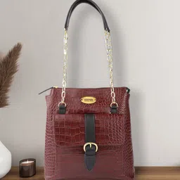 Hidesign Women Maroon & Black Croc-Textured Leather Structured Shoulder Bag-picture-39