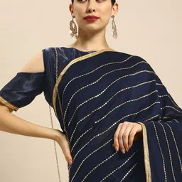 Anouk Navy Blue & Gold-Toned Silk Blend Embellished Saree-image-1