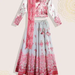 Biba Girls Pink & Sage Green Printed Gotta Patti Ready to Wear Lehenga & Blouse & Dupatta-picture-19