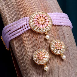ZENEME Gold-Plated Cubic Zirconia Studded & Beaded Choker Necklace Jewellery Set-picture-22