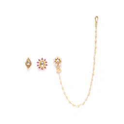 JEWELS GEHNA Set of 3 Gold-Toned Kundan Studded & Beaded Nose Pins-picture-22