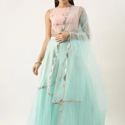 Ethnovog Mauve  Blue Embellished Mirror Work Made to Measure Lehenga  Blouse With Dupatta-image-95