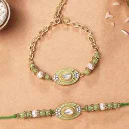 KARATCART Gold Plated Artificial Beads & Kundan Studded Enamelled Bhaiya Bhabhi Rakhi-picture-41