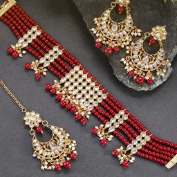 Peora Gold-Plated Maroon Multistrand Choker Necklace Jewellery Set-picture-24