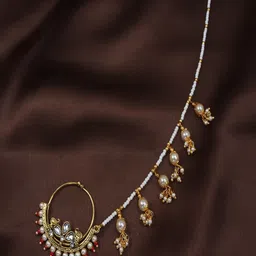 I Jewels Antique Gold-Plated Red Pearl Studded Beaded Chained Nose Ring-image-99