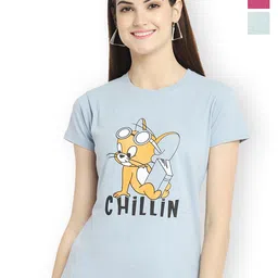 Fabflee Women Multicoloured 3 Printed V-Neck Extended Sleeves Applique T-shirt-image-30