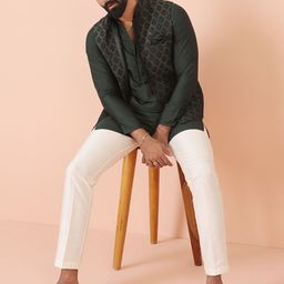 KISAH Men Regular Fit Woven Design Kurta Nehru Jacket Trouser Set-picture-14