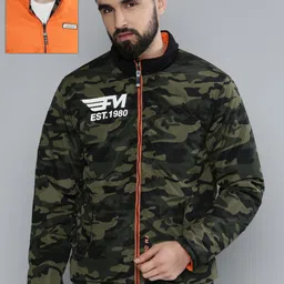 Flying Machine Men Olive Green Camouflage Printed Reversible Puffer Jacket-picture-19