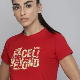 HRX by Hrithik Roshan Women Red & Beige Pure Cotton Typography Printed T-shirt-image-9