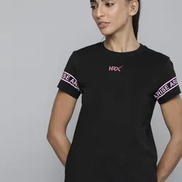HRX by Hrithik Roshan Women Black & Pink Pure Cotton Brand Logo Printed T-shirt-picture-35