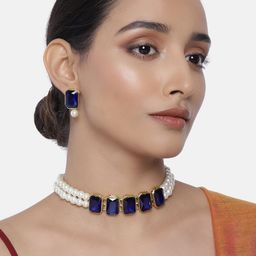 Peora Blue & White Gold-Plated Stone Studded Handcrafted Jewellery Set-picture-21