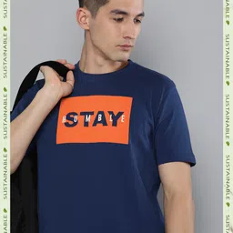 HERE&NOW Men Navy Blue Typography Printed Pure Cotton T-shirt-picture-15