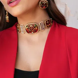 Binnis Wardrobe Tisha Gold-Plated Kundan-Studded Meenakari Choker Jewellery Set-picture-31
