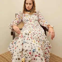 SASSAFRAS Floral Print Puff Sleeve Georgette Fit & Flare Layered Midi Dress-picture-12