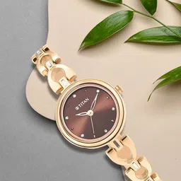 Titan Women Brown Brass Dial & Rose Gold Toned Bracelet Style Straps Analogue Watch 2601WM04-picture-4
