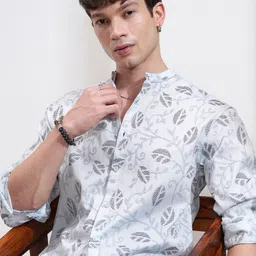 HIGHLANDER Men Jacquard Textured Mandarin Collar Roll Up Sleeve Casual Relaxed Shirt-image-36