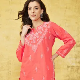 ADA Women Pink & White Pure Pure Cotton Chikankari Embroidered Straight Pure Cotton Kurti-picture-24