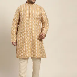SOJANYA PLUS Men Golden & White Chikankari Embroidered Kurta-picture-2