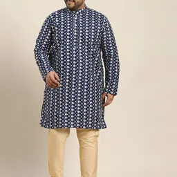 SOJANYA PLUS Men Navy Blue & White Chikankari Embroidered Kurta-picture-12