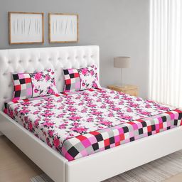 Myntra Elegant Homes White & Pink Floral 144 TC Queen Bedsheet with 2 Pillow Covers-picture-39