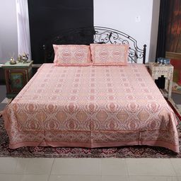 Exotic India Peach Ethnic Motifs 300 TC Cotton Queen Bedsheet With 2 Pillow Covers-picture-12
