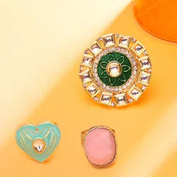 Zaveri Pearls Set Of 3 Gold-Plated  Green & Pink Stone Studded Finger Rings-image-86