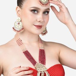 Zaveri Pearls Women Gold-Plated Gold-Toned Pink Stone Studded Jewellery Set-picture-21