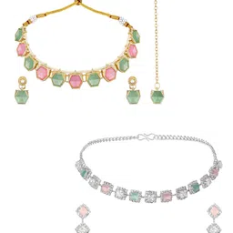 ASMITTA JEWELLERY Set Of 2 Rhodium & Gold-Plated Stone Studded Jewellery Set-picture-10