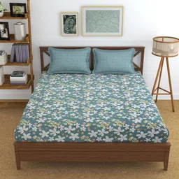 UrbanArts Sea Green Floral Printed Cotton 400 TC King Bedsheet With 2 Pillow Covers-image-35