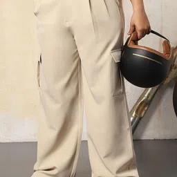 Freeform by High Star Women Loose Fit High-Rise Wrinkle Free Pleated korean Cargo Trousers-image-34