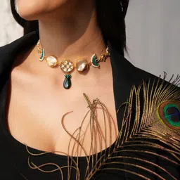 Binnis Wardrobe Gold-Plated Kundan-Studded Pachi Choker Jewellery Set-picture-27