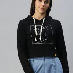 Campus Sutra Women Black Printed Hooded Cropped Sweatshirt-image-96