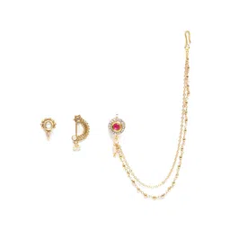 JEWELS GEHNA Set of 3 Gold-Toned Kundan-Studded & Beaded Nose Pins-picture-11