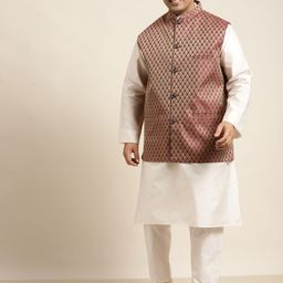 SOJANYA PLUS Men Plus Size Off White Kurta with Churidar & Nehru Jacket-picture-37
