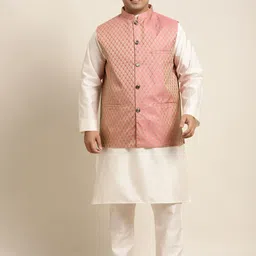 SOJANYA PLUS Men Plus Size Off White Kurta with Churidar & Nehru Jacket-picture-40