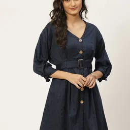 WoowZerz Women Navy Blue & Black Striped A-Line Dress with Belt-image-28