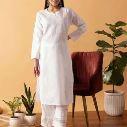 ADA Women Plus Size White Chikankari Embroidered Sustainable Handloom Kurta-picture-0