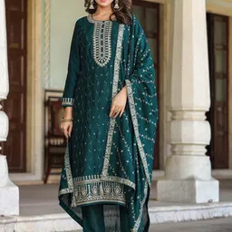 AHIKA Floral Embroidered Regular Sequinned Kurta with Trousers & Dupatta-picture-21