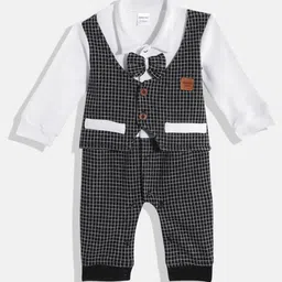 Moms Love Infant Boys Black & White Checked Pure Cotton Rompers with Attached Waistcoat-picture-11