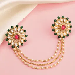 Peora Gold Plated Kundan Beads Studded Adjustable Dual Finger Ring With Chain-picture-20