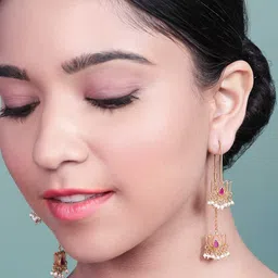 Unniyarcha Gold Plated 92.5 Sterling Silver Stone Studded & Beaded Drop Earrings-picture-51