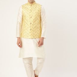 SOJANYA Men Off-White & Yellow Solid Kurta with Churidar & Nehru Jacket-picture-42