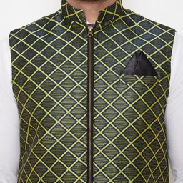 VASTRAMAY Men's Green and Black Checked  Jute Woven Zipper Nehru Jacket image 2