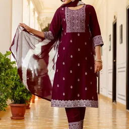 SANISA Floral Printed Chinon Round Neck Straight Kurta With Trousers And Dupatta image 3