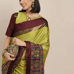 Mitera Green & Fuchsia Embellished Kutchi Embroidery Saree image 1