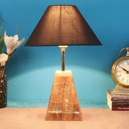 foziq Black Shade Table Lamp With Brown Woodden Base image 1