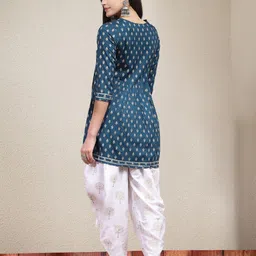 Stylum Teal Ethnic Motifs Printed & Embroidered Empire A Line Kurti With Dhoti Pant image 4