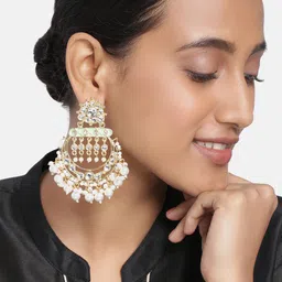 Peora White & Green Gold Plated Kundan Pearl Meenakari Crescent Shaped Chandbalis-image-88