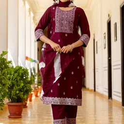 SANISA Floral Printed Chinon Round Neck Straight Kurta With Trousers And Dupatta image 5