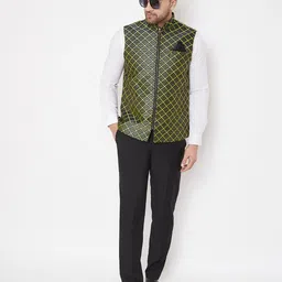 VASTRAMAY Men's Green and Black Checked  Jute Woven Zipper Nehru Jacket image 4